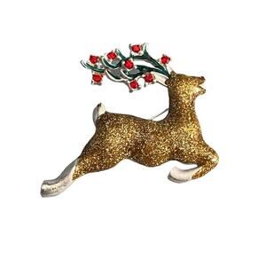 Vtg Nancy Rise NR Brooch Christmas Reindeer Rudolph Gold Tone Glitter Enamel